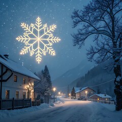 Gentle snowfall forming a glowing snowflake constellation above a quiet winter village, symbolizing wonder, beauty, and the magical connection between earth and sky in a peaceful festive night scene