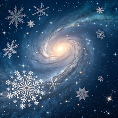 Cosmic winter scene where countless snowflakes spiral into a luminous galaxy, blending nature’s beauty with celestial wonder to create a surreal festive vision filled with magical energy and winter ch