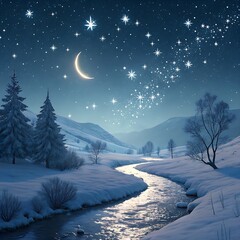 Dreamy winter landscape where shimmering stars cascade like snow, forming a glowing celestial river flowing through a serene snowy valley beneath a radiant crescent moon under a magical night sky
