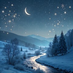 Dreamy winter landscape where shimmering stars cascade like snow, forming a glowing celestial river flowing through a serene snowy valley beneath a radiant crescent moon under a magical night sky