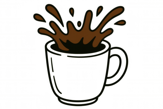 Coffee splash illustration art. Hot drink beverage spilling from mug. Cartoon liquid pouring, showing dynamic energy - Powered by Adobe