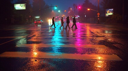 Neon-Lit Rainy Crosswalk with Pedestrians at Night