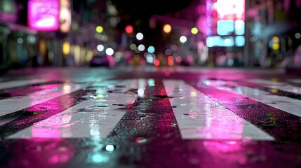 Rainy Neon Crosswalk Close-Up with City Reflections