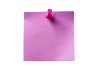A single blank pink sticky note attached to a wall with a bright pink pushpin isolated on transparent background