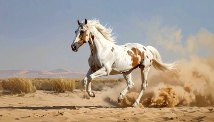 Obraz premium A stunning pinto stallion gallops across a sandy plain.
