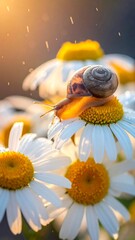 Snail atop a daisy, bathed in golden sunlight