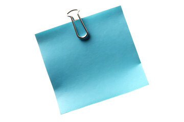 A single light blue square sticky note attached to a silver binder clip isolated on transparent background