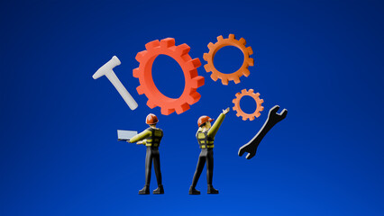 Service concept. Gears with workers. 3d render illustration.