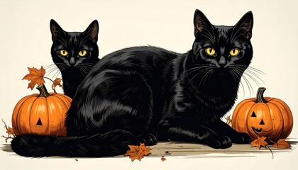 Two black cats, Halloween theme, with pumpkins and leaves