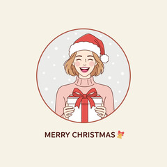 Smiling person in Santa hat holding wrapped gift box with snowy background and Merry Christmas text festive vector illustration for holiday greeting card or seasonal celebration design