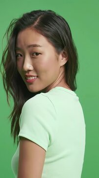 Beautiful young Asian woman turns and smiles over her shoulder on green screen friendly happy natural look for chroma key background replacement