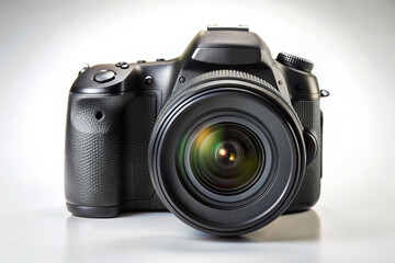 Fototapeta premium Professional Camera with Zoom Lens: A sleek and modern digital single-lens reflex (DSLR) camera, featuring a prominent zoom lens. Captured against a subtle background.
