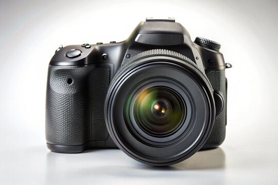 Professional Camera with Zoom Lens: A sleek and modern digital single-lens reflex (DSLR) camera, featuring a prominent zoom lens. Captured against a subtle background.