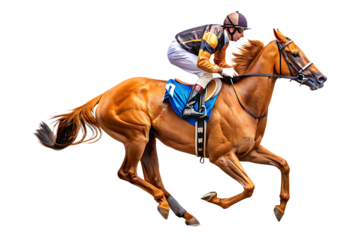 jockey and horse racing full speed isolated on white background, png, ai generated