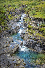 Creek in the wilderness of  Norway framed by lush green grass