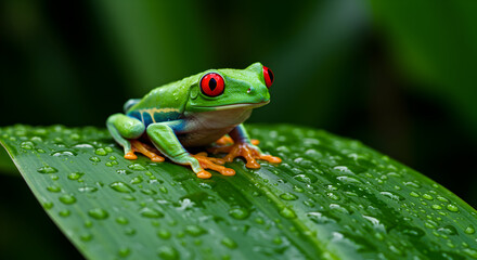 Vibrant Red-Eyed Tree Frog Resting on a Leaf Covered in Raindrops in a Lush Environment
