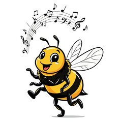Cartoon Bee Dancing to Music with Notes.