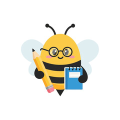 Cute Bee Character with Glasses Holding Pencil and Notebook.