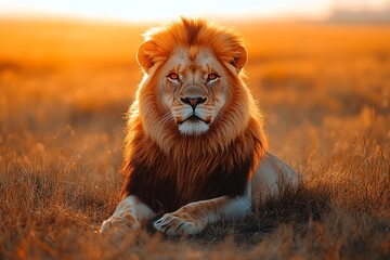 Majestic lion in golden sunset light king of the savanna wild animal high resolution photo