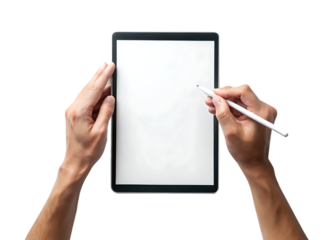Person s hands holding and writing on a blank white screen tablet with a stylus isolated on transparent background