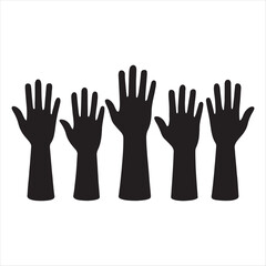 Silhouette of five raised hands in a row against a white background symbolizing unity and participation