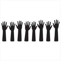 Silhouette of multiple raised hands reaching upwards in a unified gesture against a white background
