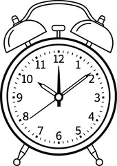 Analog alarm clock illustration, black and white time sketch, classic bell clock vector, educational timepiece drawing, minimalist design concept