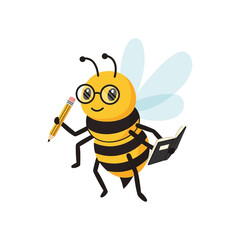 Cute cartoon bee student with glasses holding a pencil and book.