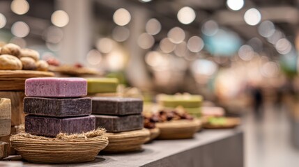 Medium shot of organic soap bars stacked neatly on rustic trays highlighting texture and natural elements with a blurred market aisle background.