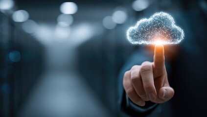 Glowing Cloud Computing Concept with Pointing Finger Against Blurred Server Room