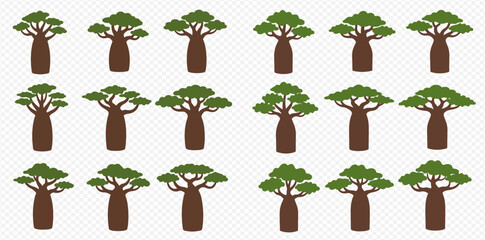 Illustration of baobab trees arranged in a grid pattern on a transparent background.