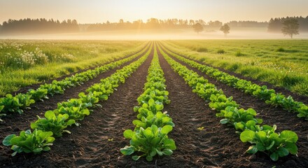 Vibrant rows of young green lettuce plants thrive under a warm, golden sunrise illuminating a misty, idyllic countryside farm landscape