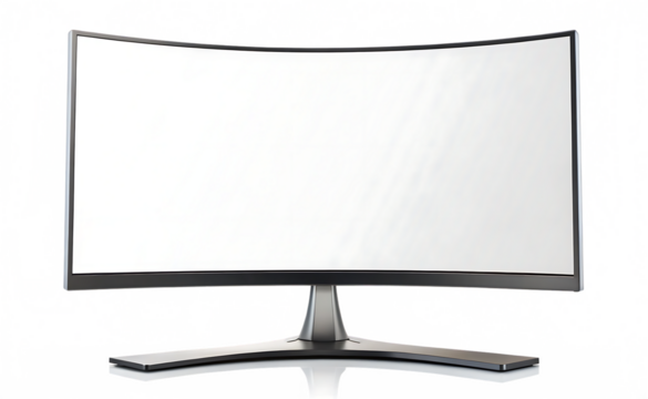 Modern curved computer monitor with a blank white screen on a stand isolated on transparent background
