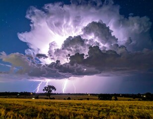 Dramatic thunderstorm over a field at night.  Vast, vibrant clouds with lightning illuminate a golden field below, dotted with trees and distant homes. Stars peek through the stormy sky