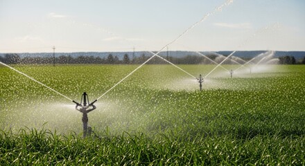 Medium shot capturing sprinkler systems rotating over a vibrant green field showcasing water distribution techniques that maximize coverage while conserving water.