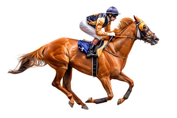 jockey and horse racing full speed isolated on white background, png, ai generated
