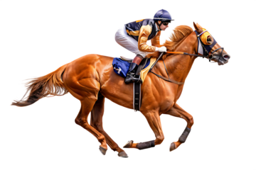 jockey and horse racing full speed isolated on white background, png, ai generated