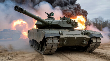 Powerful military tank in action, explosive firepower demonstration on the field
