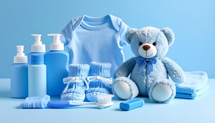 Baby boy essentials in a light blue palette. A teddy bear, clothes, and toiletries arranged on a light blue surface