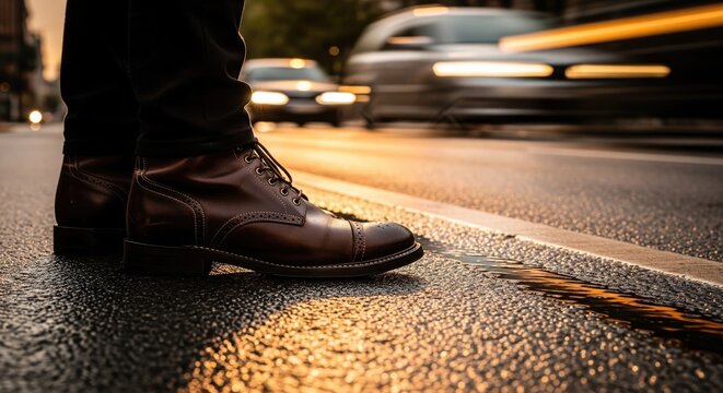 Man's brown leather boots on a wet city street at sunset