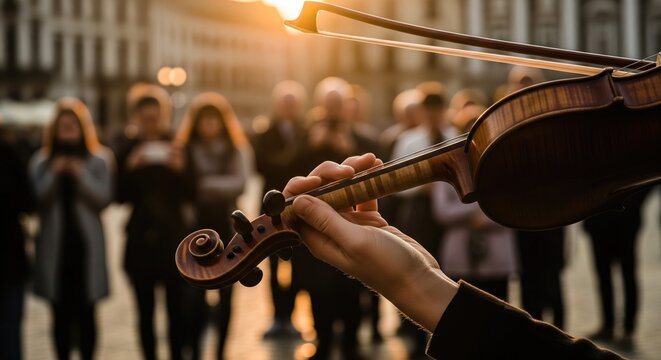 Violinist playing in the city square at sunset