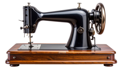 Classic Black Vintage Sewing Machine on Wooden Base Isolated on Transparent Background