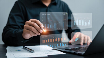 Professional analyzes financial data with interactive graphs and modern tech