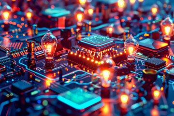 Neon electronic circuit network. Futuristic circuit board filled with glowing lights and intricate electronic components, creating vibrant atmosphere, complexity and beauty of modern technology
