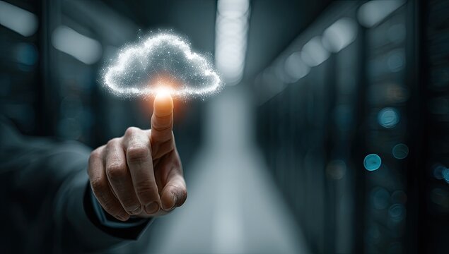 Illuminated Cloud Network Server Room Hand Interaction for Data Storage and Processing in Blue Toned Background
