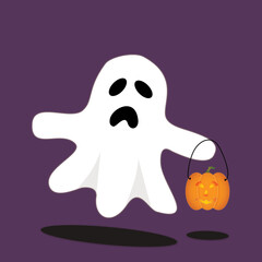 A cute white ghost floating in the air holding an orange pumpkin bucket on a dark purple background, creating a fun Halloween atmosphere.
