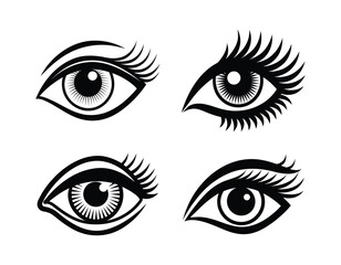 Four stylized black and white hand drawn eyes with detailed lashes isolated on transparent background