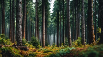 Fototapeta premium A wide, dramatic aerial view of a dense, uniformly planted timber farm showcasing orderly rows of trees and green forestry.