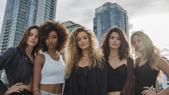 Urban Chic: A group of stylish individuals stands confidently against a modern cityscape, exuding charisma and contemporary fashion sense. 