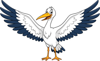 Cartoon bird with spread wings, cheerful animal character sketch, orange beak vector, expressive wildlife pose, educational illustration concept